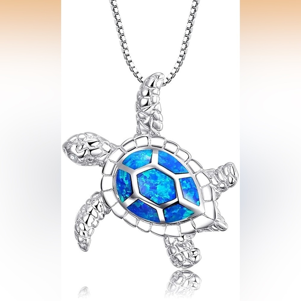 Blue opal s925 sterling silver sea turtle pendant with box chain gift new - Picture 4 of 4